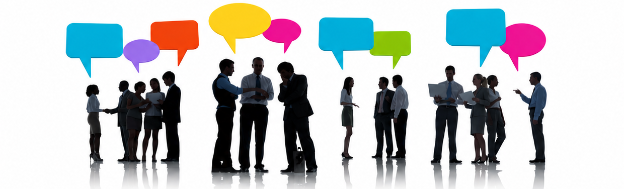 People in conversation with colourful speech bubbles - Everyone Communicates, Few Connect Mastermind