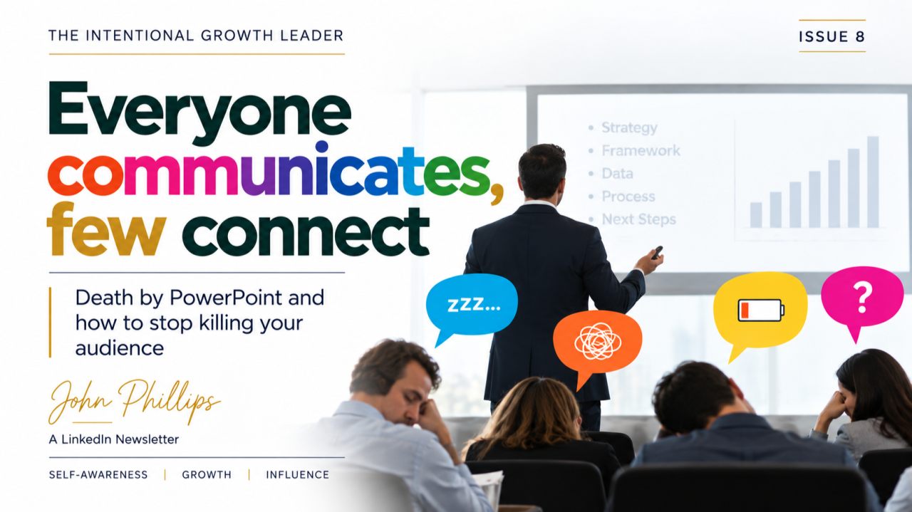 A presenter at the front of a room beside a slide of bullet points and a bar chart, while the audience sleeps, yawns and loses interest. Beside it, the issue title Everyone communicates, few connect: Death by PowerPoint and how to stop killing your audience.