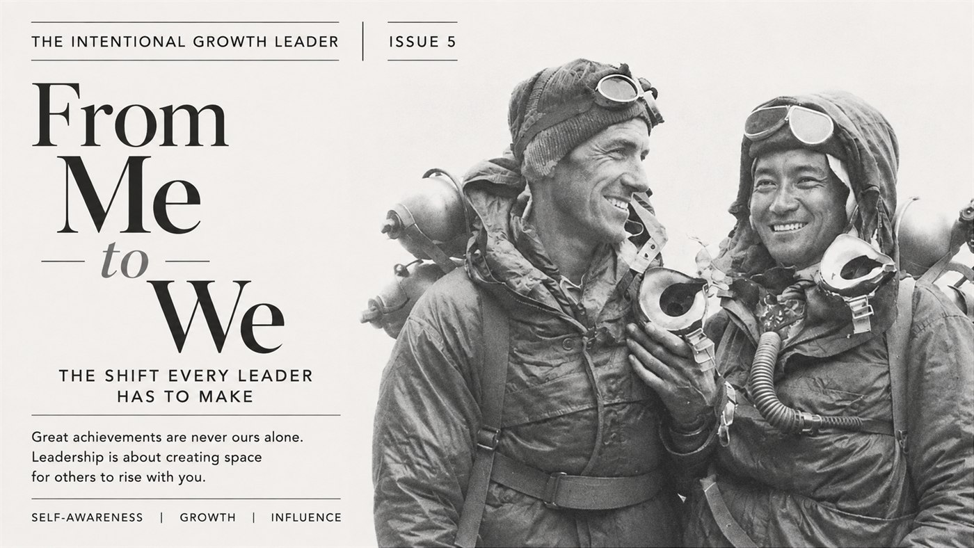 Edmund Hillary and Tenzing Norgay side by side after the 1953 Everest ascent, still in climbing gear with oxygen sets on their backs, both grinning, beside the issue title From Me to We.
