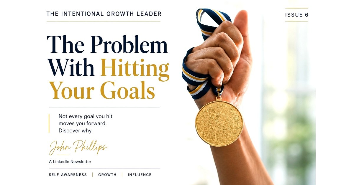 A raised fist gripping a gold medal on a navy and white ribbon, beside the issue title The Problem With Hitting Your Goals.