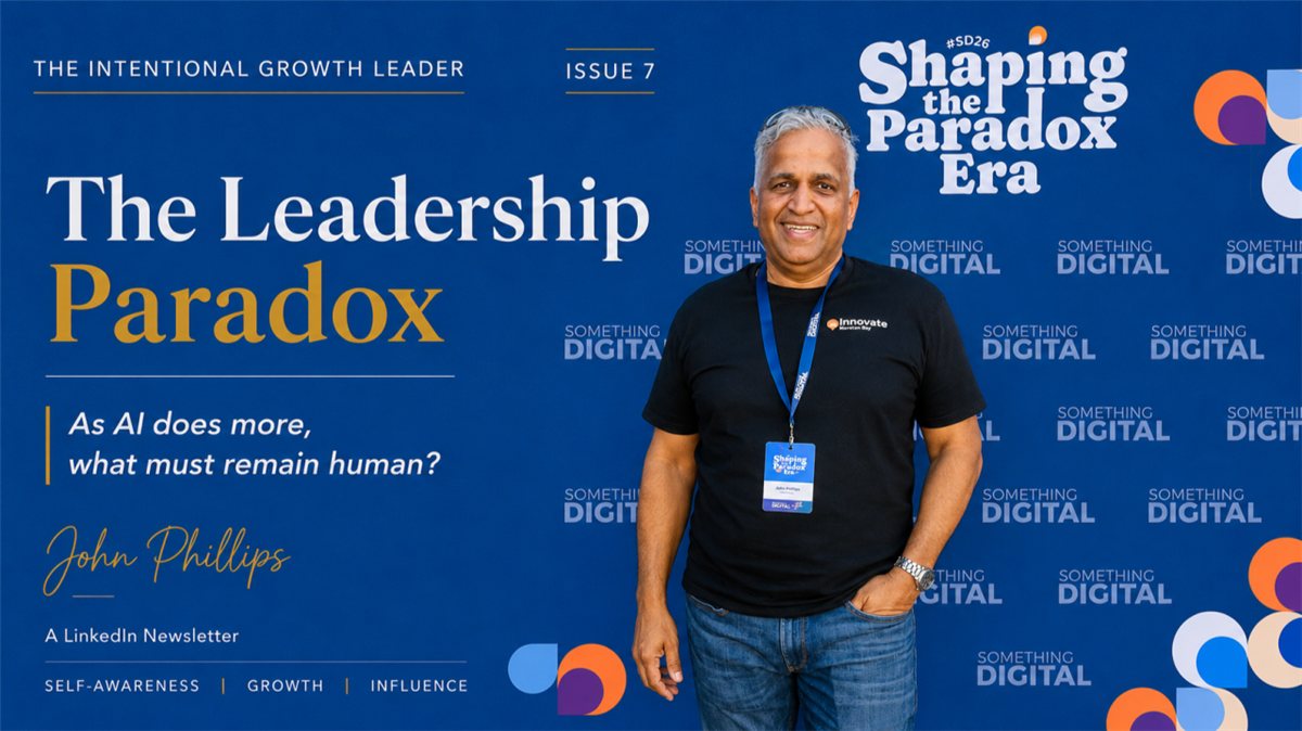 John Phillips at SD26 Something Digital 2026 in front of the Shaping the Paradox Era backdrop, beside the issue title The Leadership Paradox.