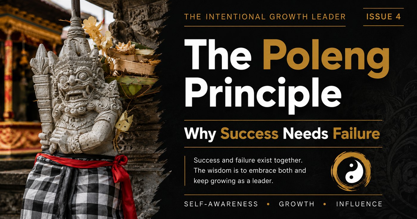 A Balinese temple guardian statue wrapped in poleng, the black-and-white chequered cloth, tied with a red sash, with woven palm offerings beside it and a gold yin-yang mark alongside the issue title.